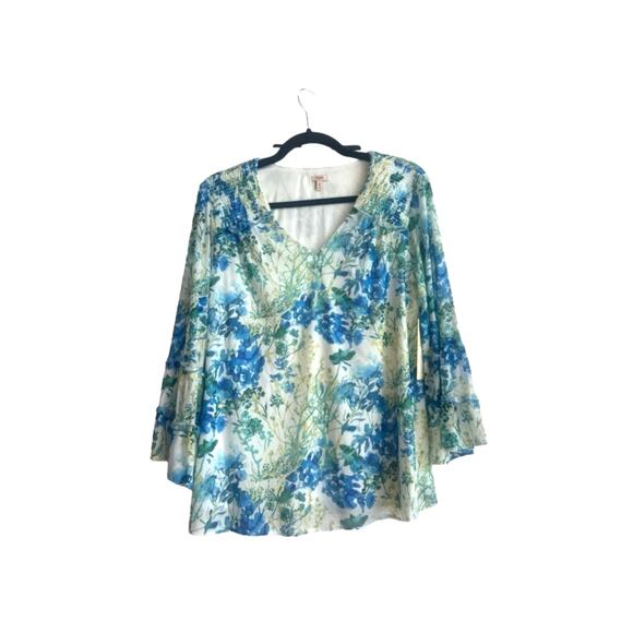 Reba Tops - Reba Blues Travelers, Blue, Green, and Yellow, Rustic Boho Ruffle Sleeves Blouse